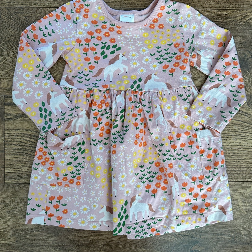 Hanna Andersson Pink Floral & Unicorn Print Long Sleeve Dress with Pockets